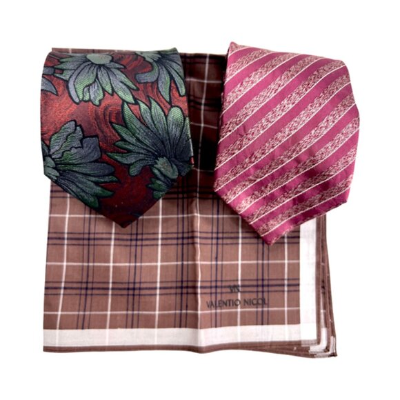 Set: 2 Neckties Valinto-Mario Burgendy Strip+1 Valentino Handkerchief Brown(47